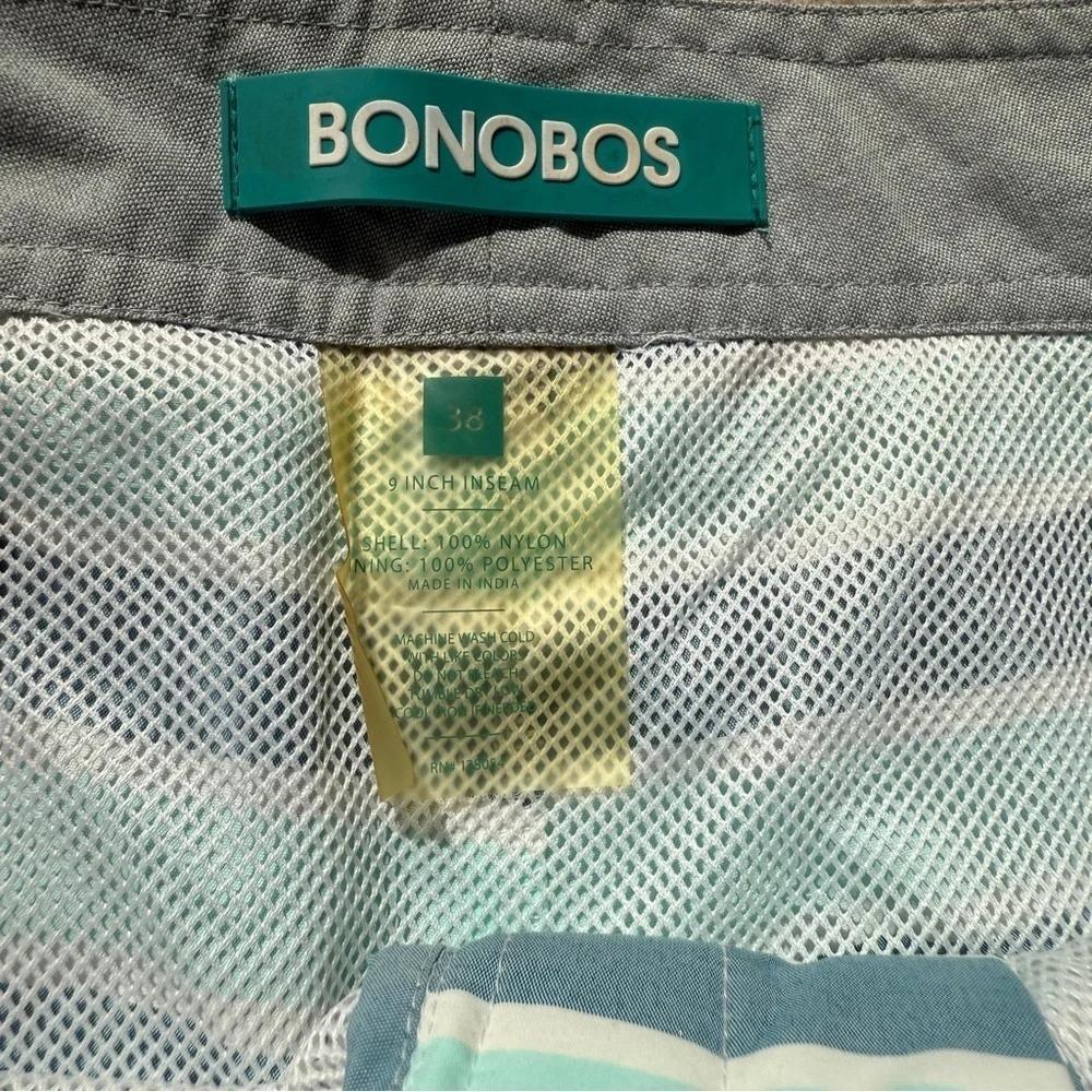 Bonobos Men's 8” Striped Swim Trunks Blue Size 38 Mesh Lining Tie Front Summer